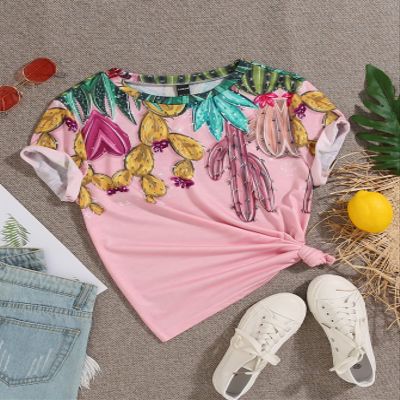 Women's T-Shirt Cactus Print Round Neck Tee Women's Tops (Color : Pink, Size : Small)
