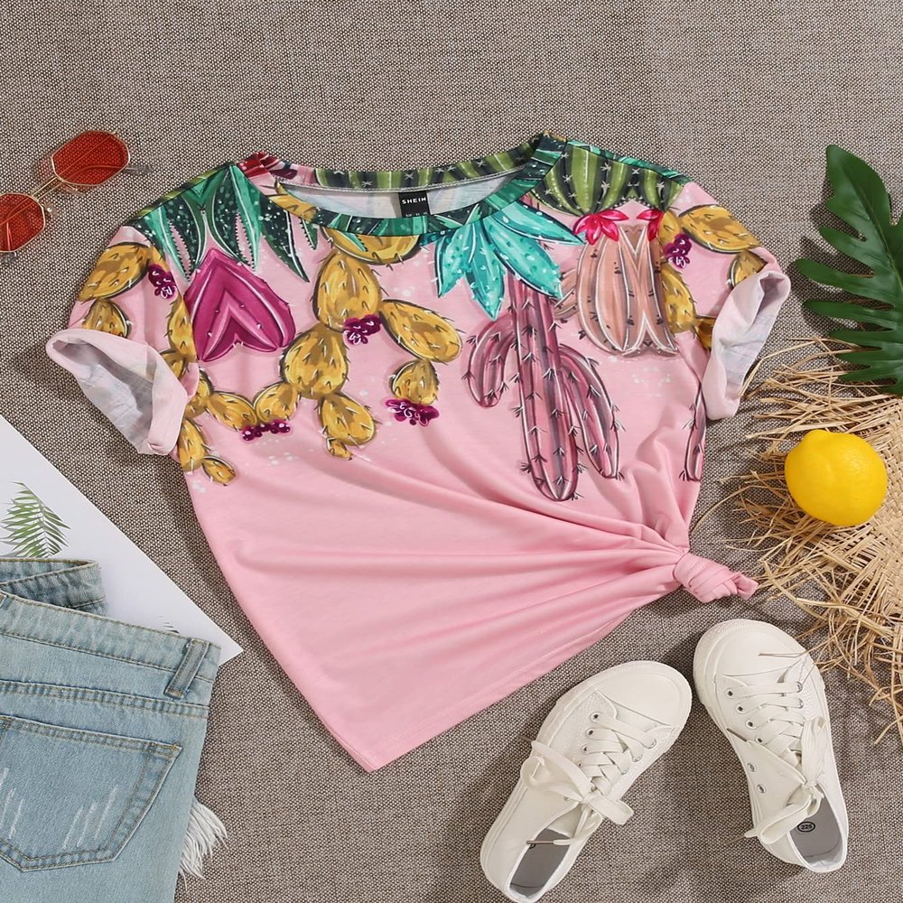 Women's T-Shirt Cactus Print Round Neck Tee Women's Tops (Color : Pink, Size : Small)