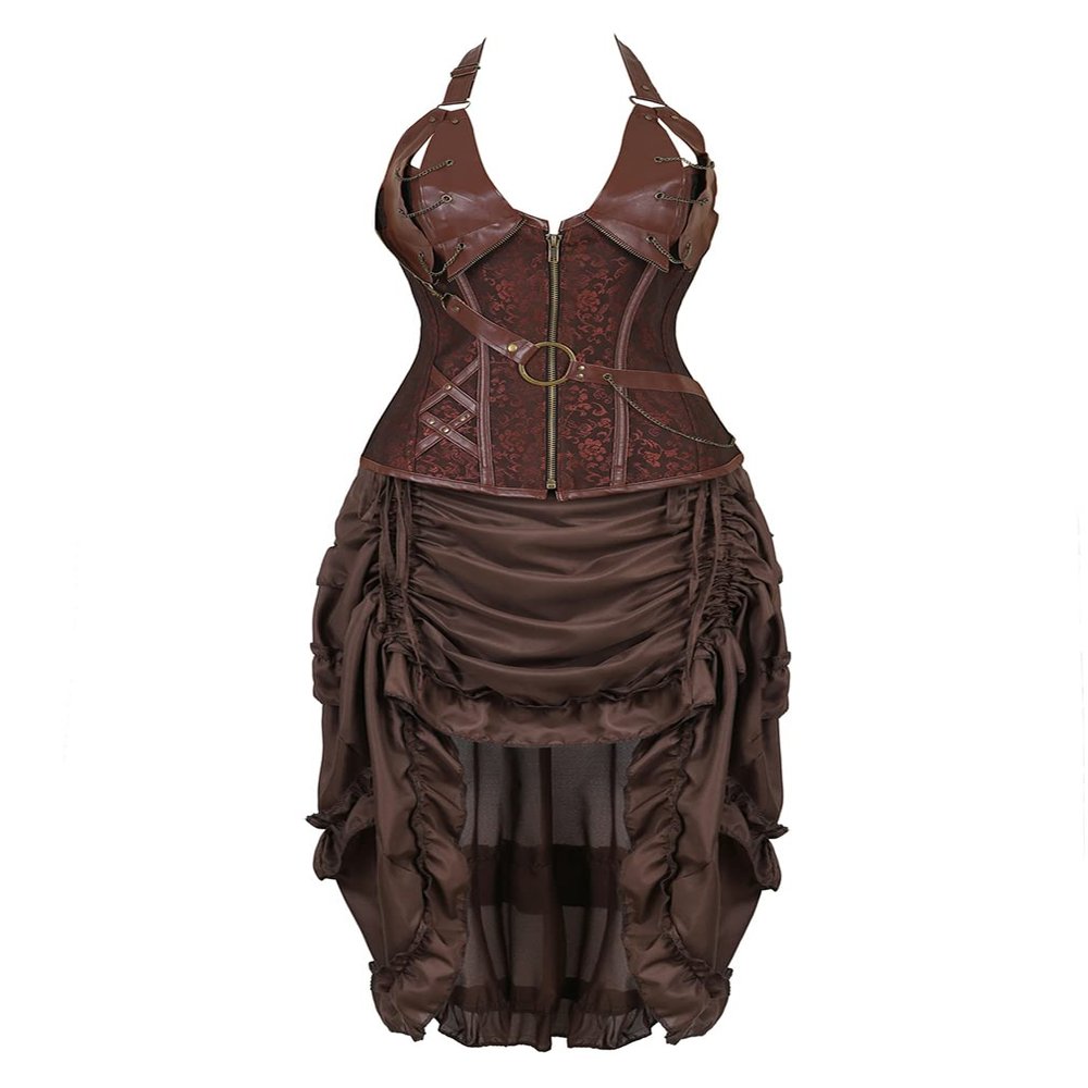 Grebrafan Corset Pirate Skirt Steampunk Leather Corsets Bustiers Costume (US(2-4) XS, brown)