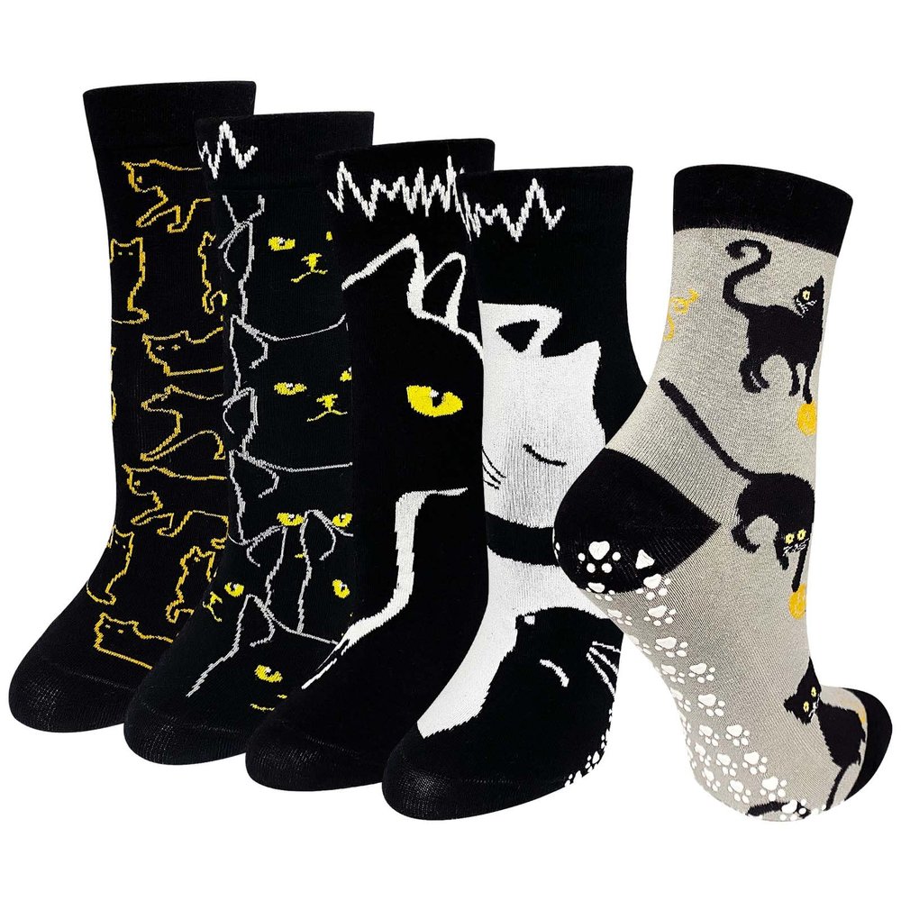 Artfasion Non Slip Socks for Women: Grip Novelty Cat Non Skid Ladies Funny Anti Slip Socks 5 Pairs for Yoga Pilates Barre Hospital 5-9