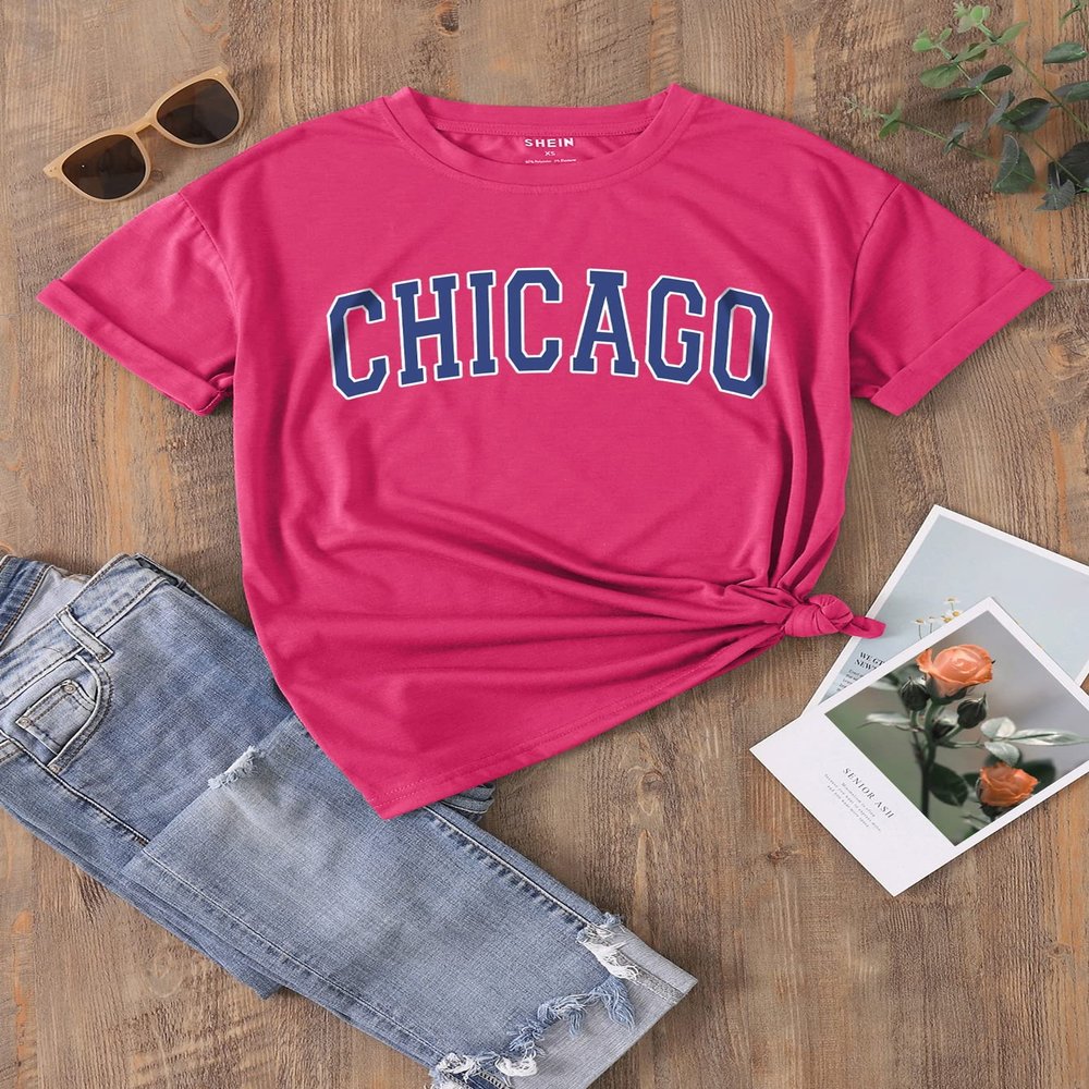 Women's T-Shirt Letter Graphic Short Sleeve Tee Women's T-Shirt (Color : Hot Pink, Size : Medium)