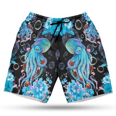 228CLOSET Octopus Lovers Men's Swim Trunks - Blue Floral Hawaiian Shorts for Men, Men's Summer Bathing Shorts Set 11 Size Size 3XL