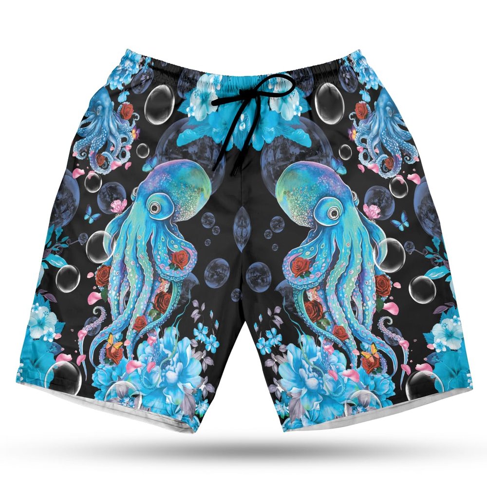 228CLOSET Octopus Lovers Men's Swim Trunks - Blue Floral Hawaiian Shorts for Men, Men's Summer Bathing Shorts Set 11 Size Size 3XL