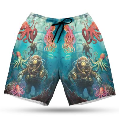 228CLOSET Diving Men's Swim Trunks - Octopus Hawaiian Shorts for Men, Men's Summer Bathing Shorts Set 11 Size Size M