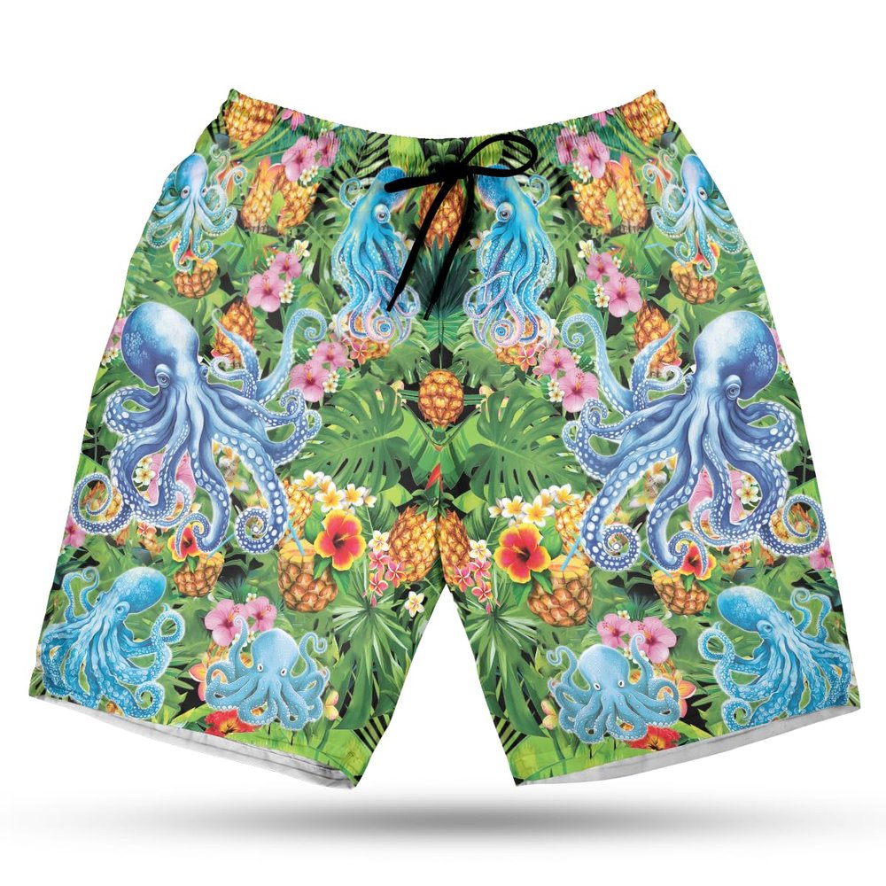 228CLOSET Sea Octopus Men's Swim Trunks - Tropcial Pineapple Hawaiian Shorts for Men, Men's Summer Bathing Shorts Set 11 Size Size 3XL