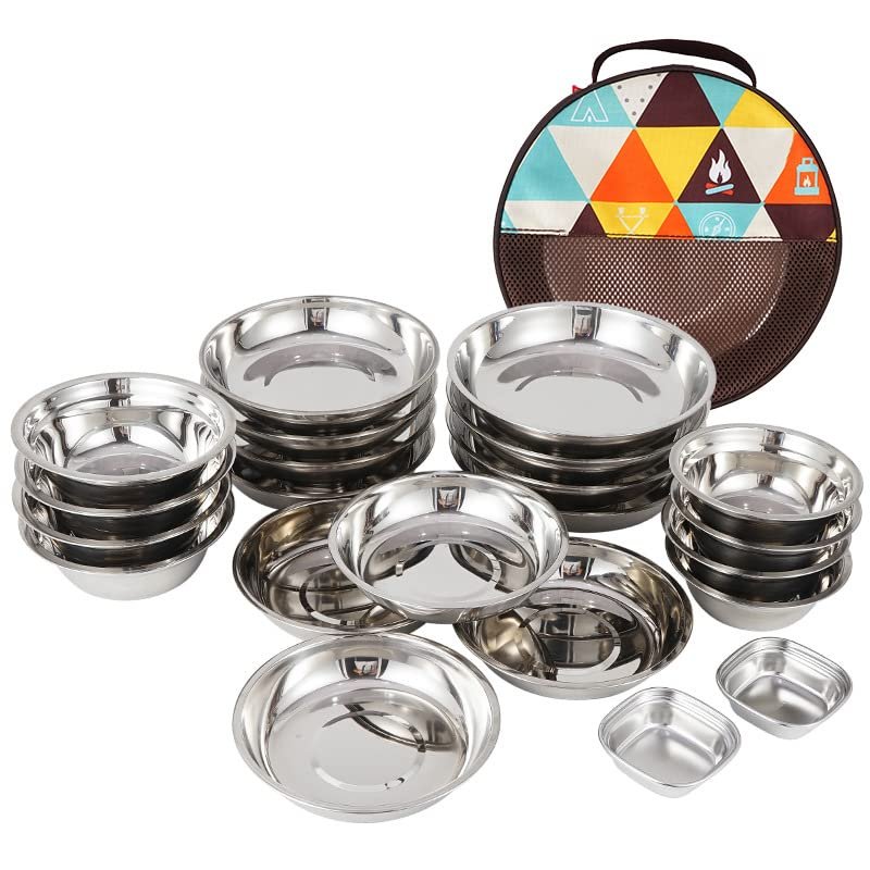 22PCS Service Plate Set with Travel Bag, Stainless Steel Plates and Bowls Camping Set for Outdoor Camping Hiking Picnic BBQ Beach