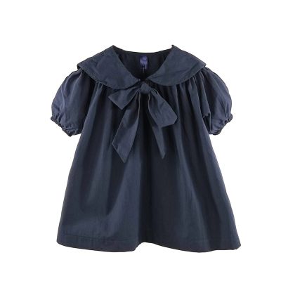 Summer Short Sleeved Girls' Lapel Bow Tie Bubble Sleeve Skirt 6M to 6Y Cute Design Spring Clothing (Blue, 12-24 Months)