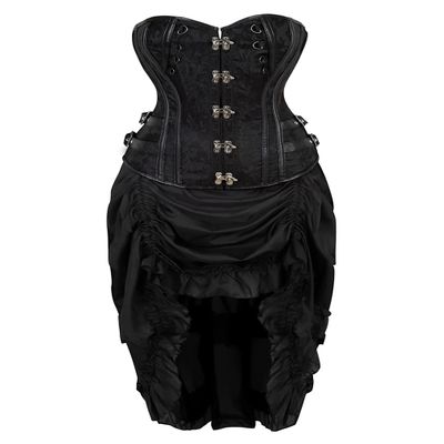 Grebrafan Jacquard Corset Pirate Skirt Steampunk Leather Corsets Bustiers Costume (US(18-20) 5XL, black)