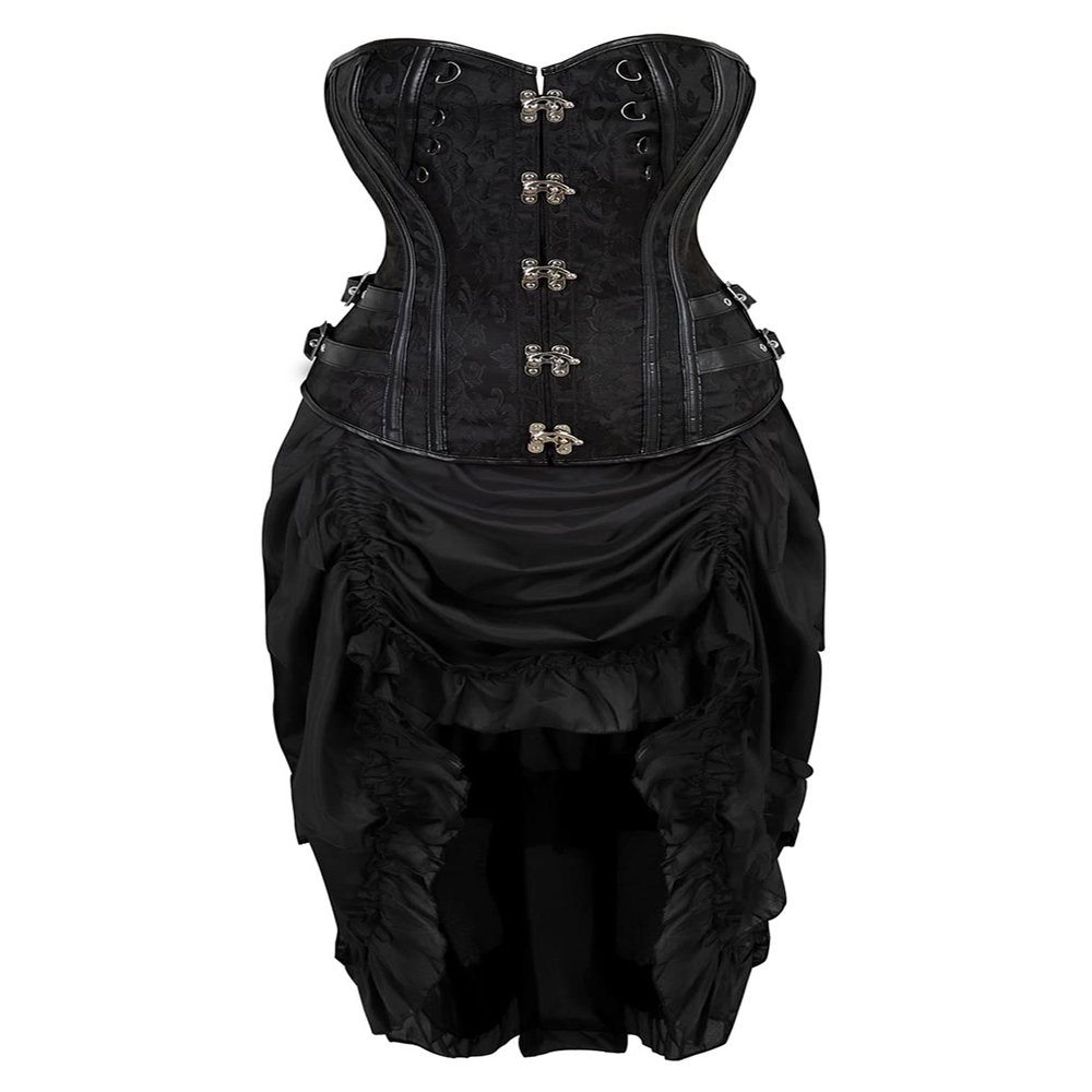 Grebrafan Jacquard Corset Pirate Skirt Steampunk Leather Corsets Bustiers Costume (US(18-20) 5XL, black)