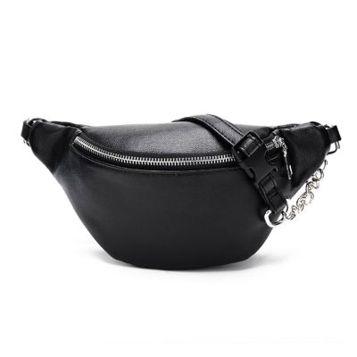 REFKIT Fashion Leather Fanny Pack Chest Bag Phone Purse with Metal Chain for Women (Color : Black)