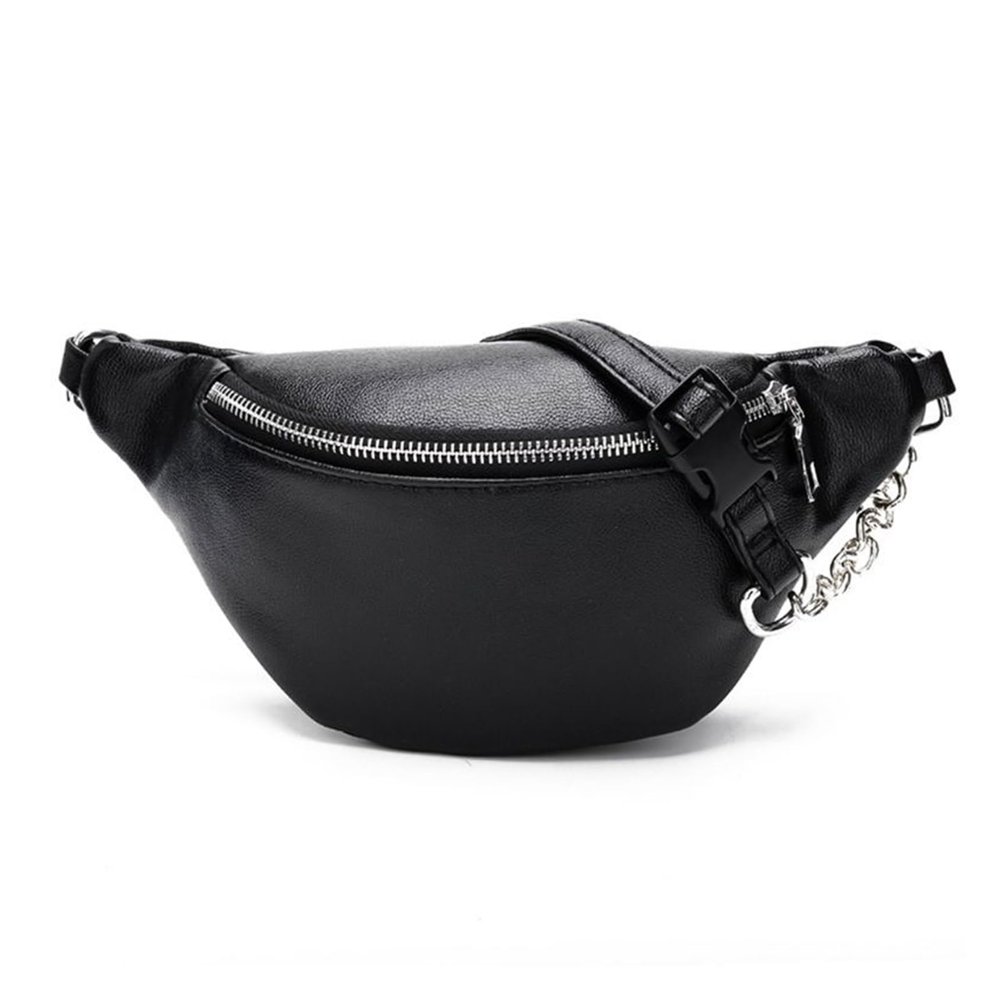 REFKIT Fashion Leather Fanny Pack Chest Bag Phone Purse with Metal Chain for Women (Color : Black)