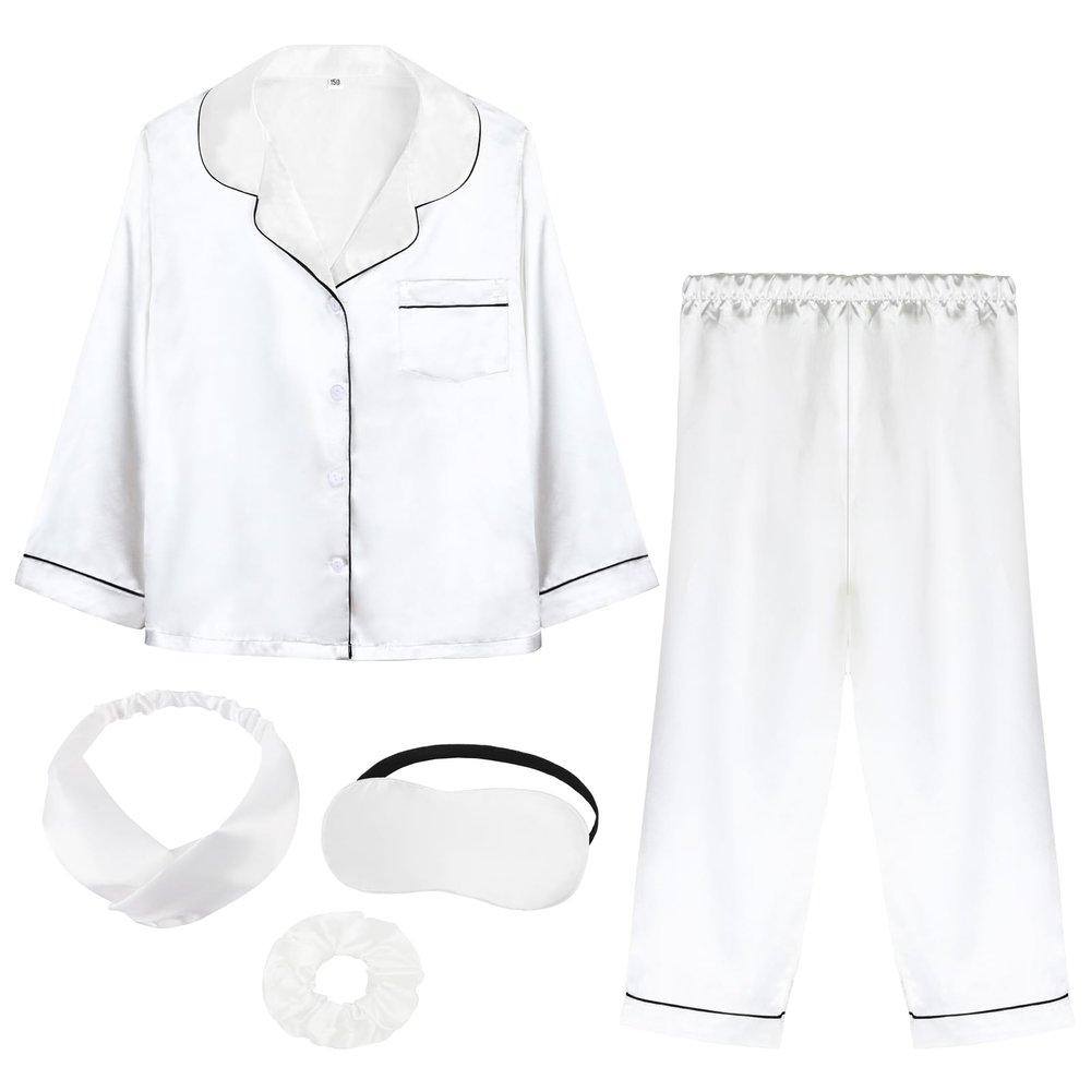 ALHAVONE Kids Girl Pajama Set with Headband Blindfold Hair Tie Toddler Boy Girl Satin Silky Button-up Pajama Sleepwear (White-long, 120)