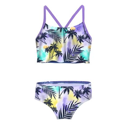 HULIJA Kids Girls 2 Pcs Halter Crisis Cross Back Tankini Tropical Palm Printed Flounce Ruffled Swimsuit Purple Palm 3-4 Years