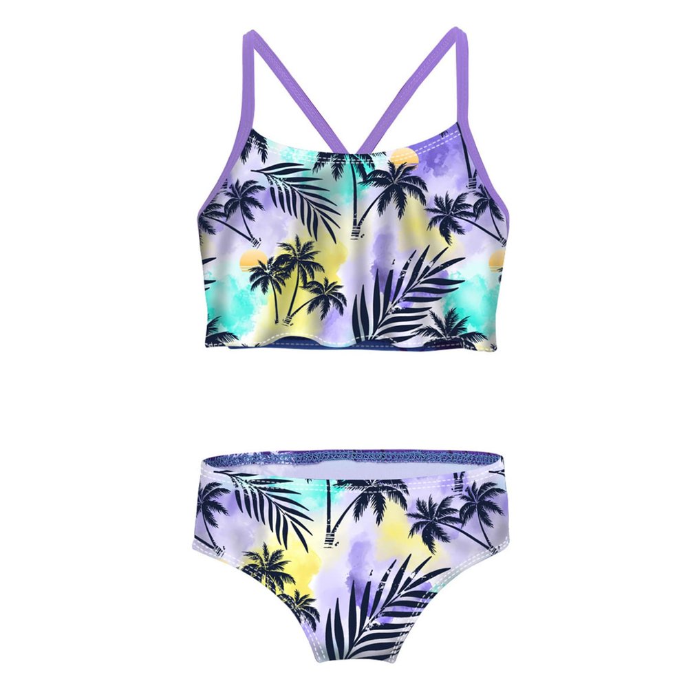HULIJA Kids Girls 2 Pcs Halter Crisis Cross Back Tankini Tropical Palm Printed Flounce Ruffled Swimsuit Purple Palm 3-4 Years