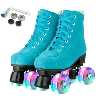 Silvertree Roller Skates for Women and Men PU Leather High-top Adult Roller Derby Skates Wheels Light Up Roller Skates Four-Wheel Shiny Roller Skates for Girls Boys Unisex, Blue,Imitation super fiber