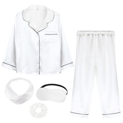 ALHAVONE Kids Girl Pajama Set with Headband Blindfold Hair Tie Toddler Boy Girl Satin Silky Button-up Pajama Sleepwear (White-long, 140)