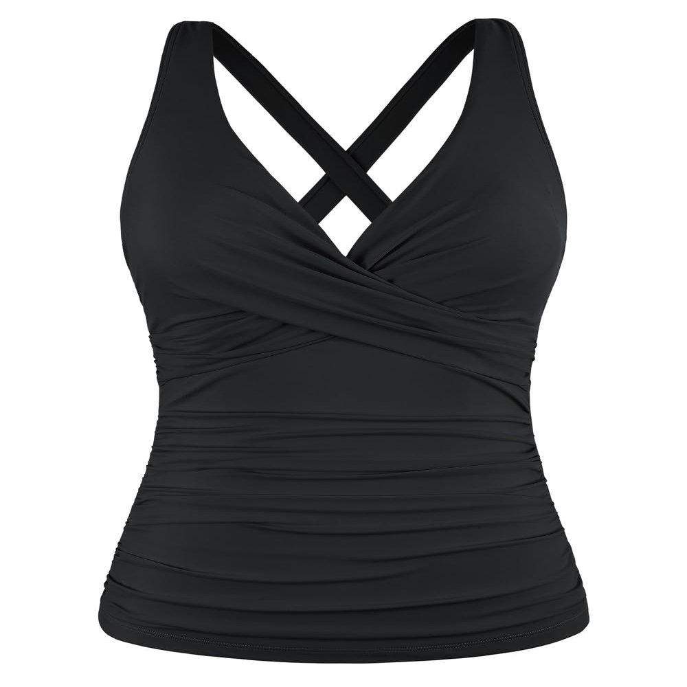 Hilor Black Underwire Bathing Suits Top for Women Ruched Tummy Control Swimwear Sexy Crossback Tankini Top Only 10