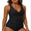 Hilor Black Underwire Bathing Suits Top for Women Ruched Tummy Control Swimwear Sexy Crossback Tankini Top Only 10 view 3