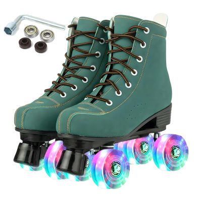 SilverTree Roller Skates for Women and Men, PU Leather High-top Adult Roller Derby Skates, Wheels Light Up, Green, Imitation cowhide