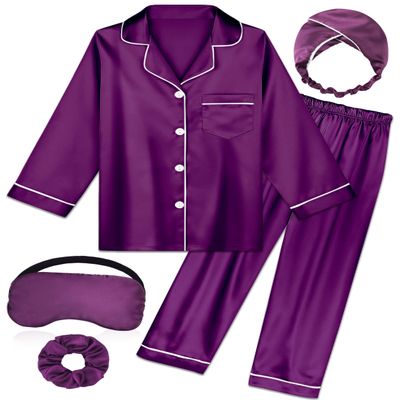 ALHAVONE Kids Girl Pajama Set with Headband Blindfold Hair Tie Toddler Boy Girl Satin Silky Button-up Pajama Sleepwear (Purple-long, 130)