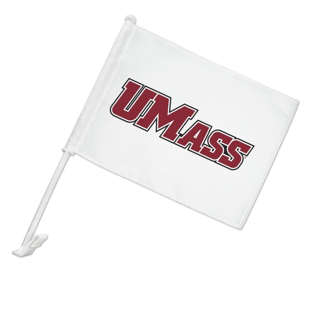 University of Massachusetts Secondary Logo Car Truck Flag with Window Clip On Pole Holder - Left Driver Side