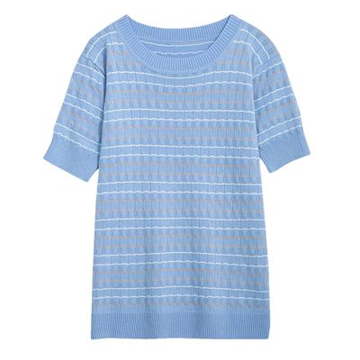 HEYDHSDC Women Summer Stripe Kint T Shirt Loose Casual Short Sleeve O Neck Sweater Jumper Pullover Blue M