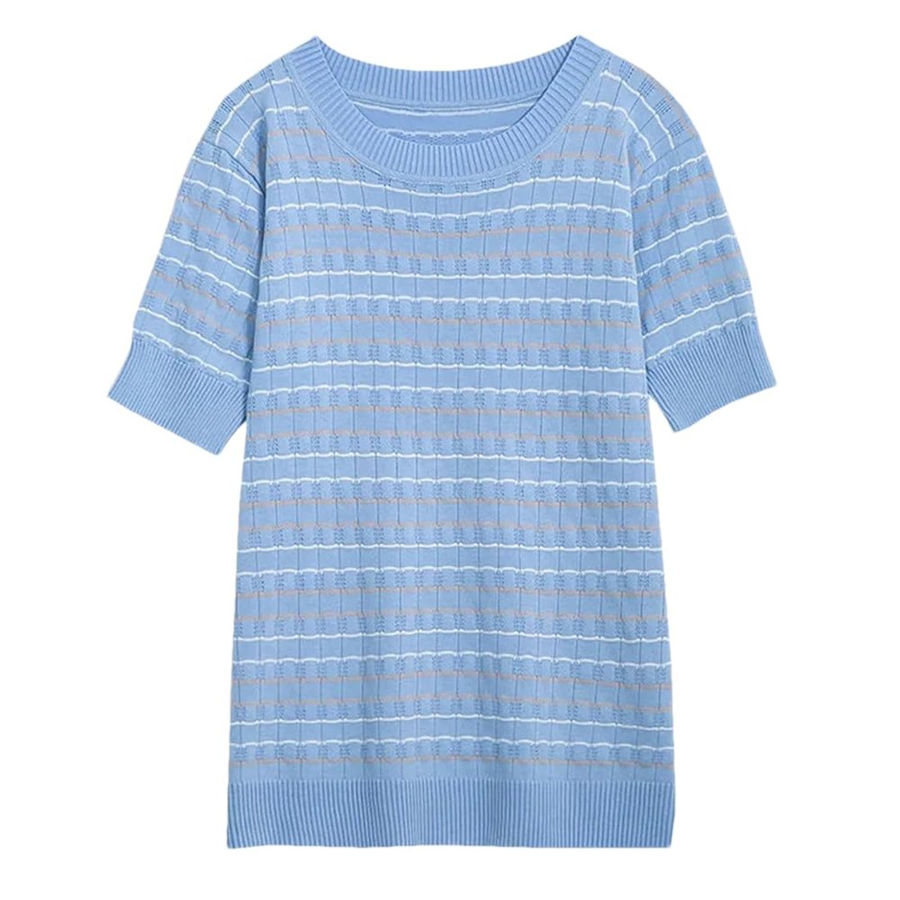 HEYDHSDC Women Summer Stripe Kint T Shirt Loose Casual Short Sleeve O Neck Sweater Jumper Pullover Blue M