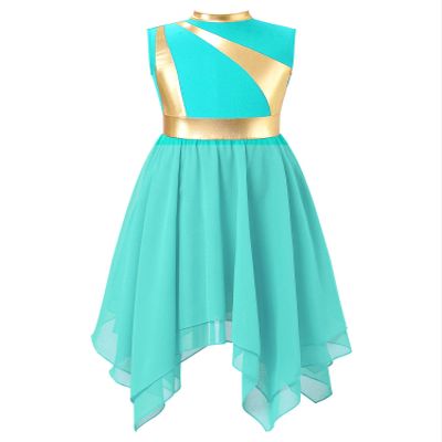 YOOJOO Girls Liturgical Praise Dance Tunic Tank Pullover Metallic Patchwork Sleeveless Asymmetrical Hem Lyrical Dance Turquoise 10 Years