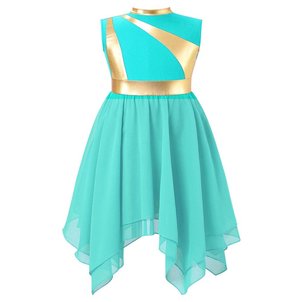 YOOJOO Girls Liturgical Praise Dance Tunic Tank Pullover Metallic Patchwork Sleeveless Asymmetrical Hem Lyrical Dance Turquoise 10 Years