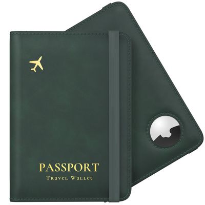 Stouchi Passport Holder with Airtag Slot, Airtag Passport Wallet for Men, Slim Leather Passport Holder Case Family for Travel Anti-Lost, Green