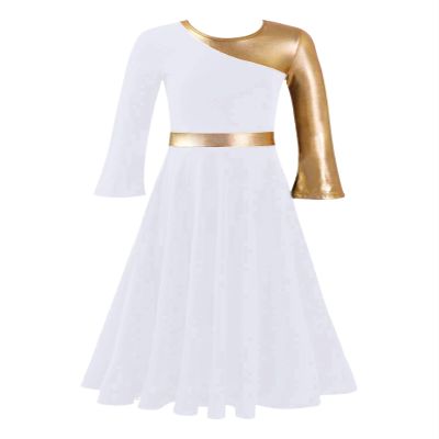 YOOJOO Girls Praise Dance Robe Liturgical Worship Metallic Patchwork Bell Long Sleeve Dress Loose Fit Church Dancewear G0446#-White 10 Years
