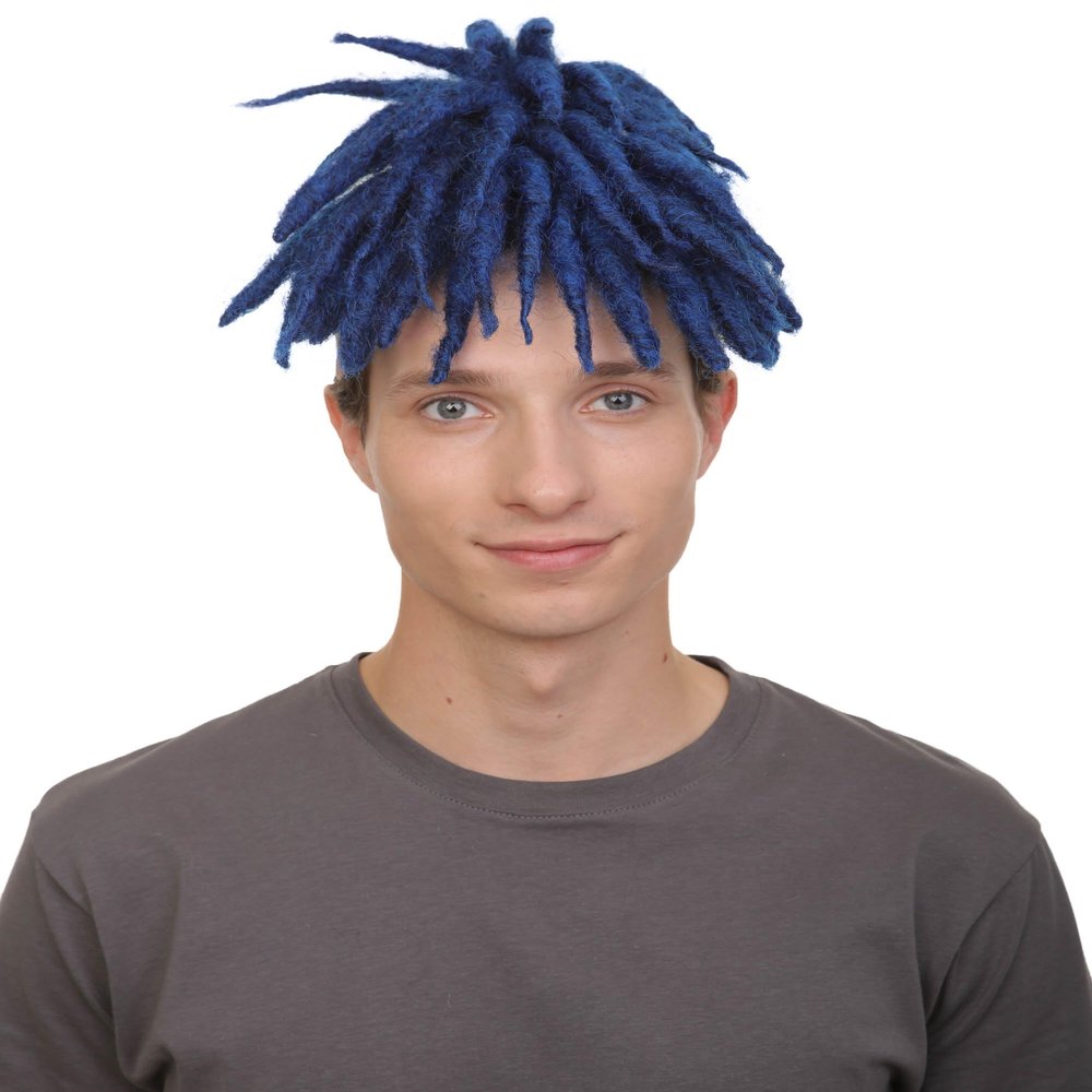 HPO Adult Mens American Rapper Dark Blue Dreadlock Updo Wig, Non-flammable Synthetic Fiber Wig
