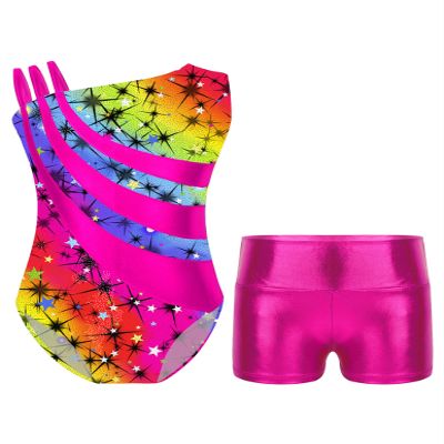 Nikiikoo Kids Girls Sparkly Gymnastics Leotards with Shorts Outfits Ballet Dance Biketard Gym Clothes Swimwear D#Rainbow05 14 Years