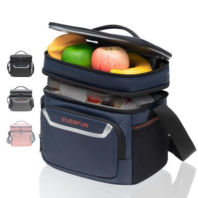 EVERFUN Insulated Lunch Bag Soft Lunch Box for Men Dual Compartments Small Lunch Box Collapsible Waterproof Leak-Proof for Work, Navy