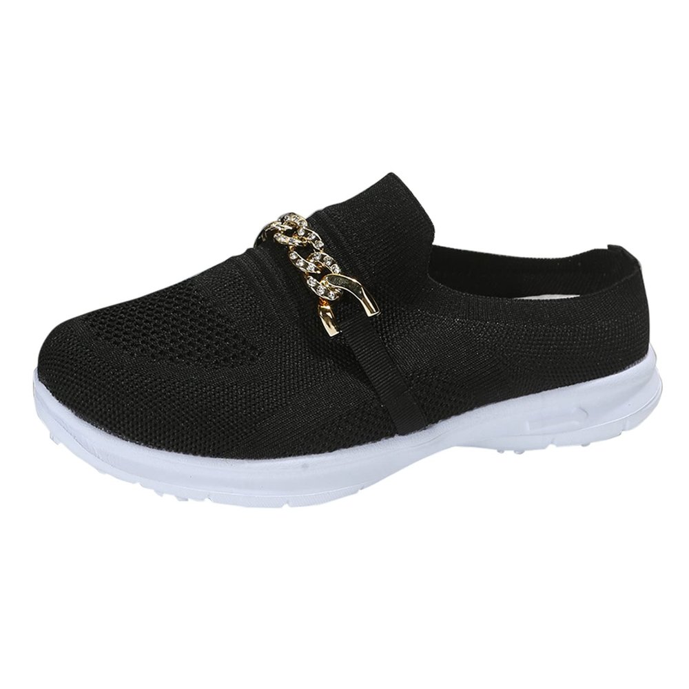Leisure Women's Slip On Chain Travel Soft Sole Comfortable Shoes Outdoor Mesh Runing Fashion Sports Lady High Heel (Black, 8.5)