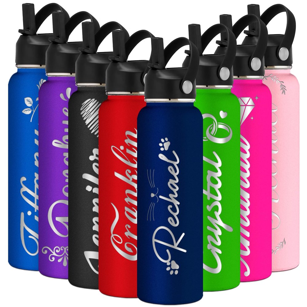 Busparst Custom Engraved Water Bottle Insulated with Straw Personalized Sport Water Bottle with Name Customize Stainless Steel Water Bottle with Straw Lid for Men Women