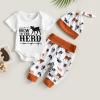 Newborn Baby Boy Girl Clothes Cow Print Romper Bodysuit and Pants with Hat/Headband 3Pcs Western Coming Home Outfits (White New to The Herd, 12-18 Months) view 2