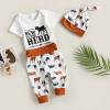 Newborn Baby Boy Girl Clothes Cow Print Romper Bodysuit and Pants with Hat/Headband 3Pcs Western Coming Home Outfits (White New to The Herd, 12-18 Months) view 3