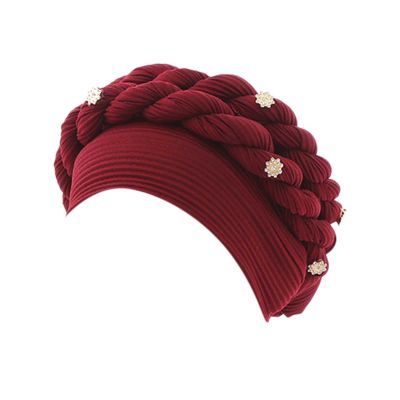 African Turban Head Wraps for Black Women Braided Twisted Turbans Hats Stretchy Cancer Chemo Muslim (Wine-3, One Size)