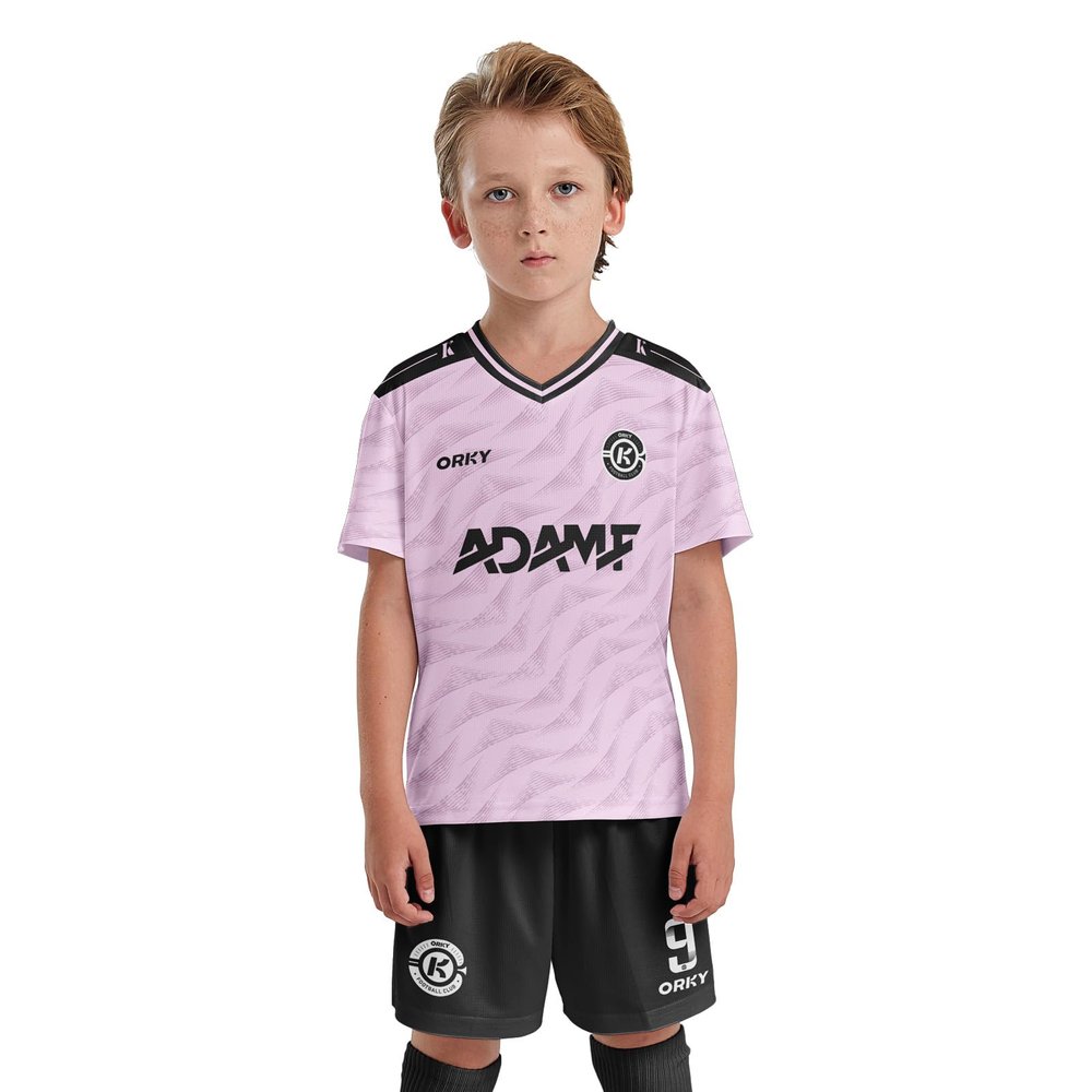 ORKY Kids Custom Soccer Jersey, Youth Personalized Football Shirt Short Set, Boy Girl Cool Team Uniform (Pink 110cm)