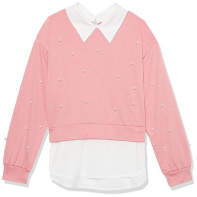 Speechless Girls' Two-fer Pearl Beaded Drop Shoulder Pullover, Coral/White, Small