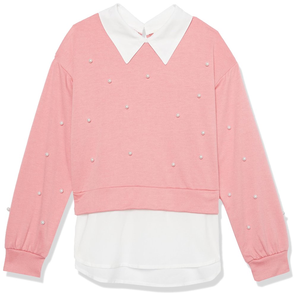 Speechless Girls' Two-fer Pearl Beaded Drop Shoulder Pullover, Coral/White, Small