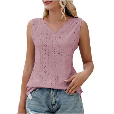 Women's Causal V Neck Tank Tops Summer Cute Knit Sleeveless Loose Shirts with Curve Hem Sexy Hollow Out Camisole Tops Watermelon Red