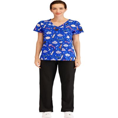 Minty Mint Women's Printed Medical Scrub Uniform Set V-Neck Top and Cargo Pants Blue S