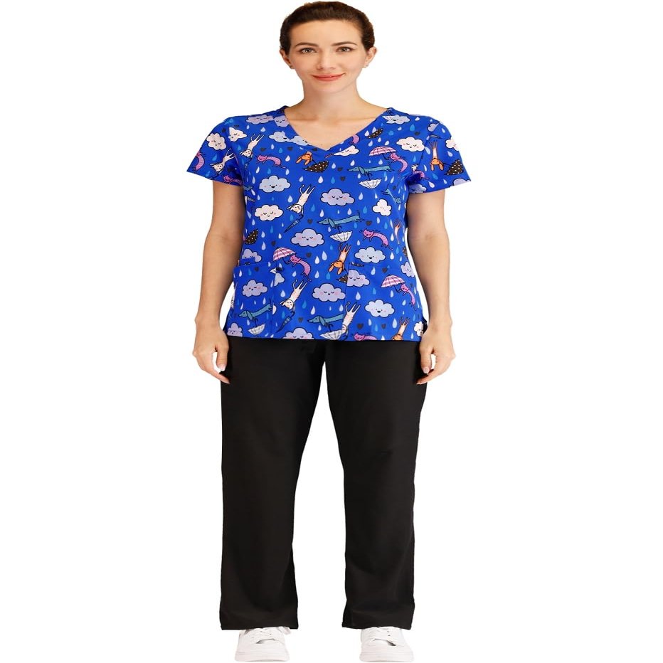 Minty Mint Women's Printed Medical Scrub Uniform Set V-Neck Top and Cargo Pants Blue S