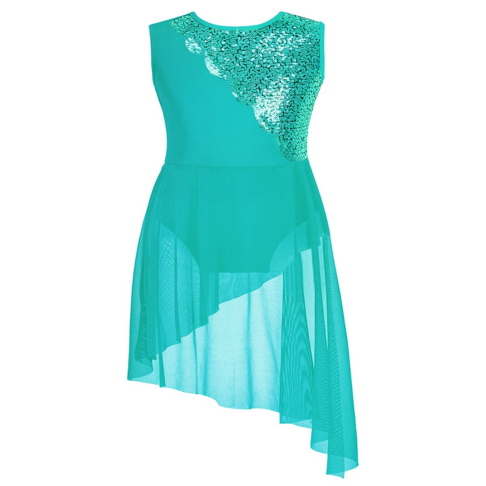 YOOJOO Lyrical Ballet Dance Costumes for Girls Sequins Contemporary Dancewear Asymmetrical Mesh Tulle Leotard Dress Mint Green 10 Years
