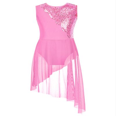 YOOJOO Lyrical Ballet Dance Costumes for Girls Sequins Contemporary Dancewear Asymmetrical Mesh Tulle Leotard Dress Pink 8 Years