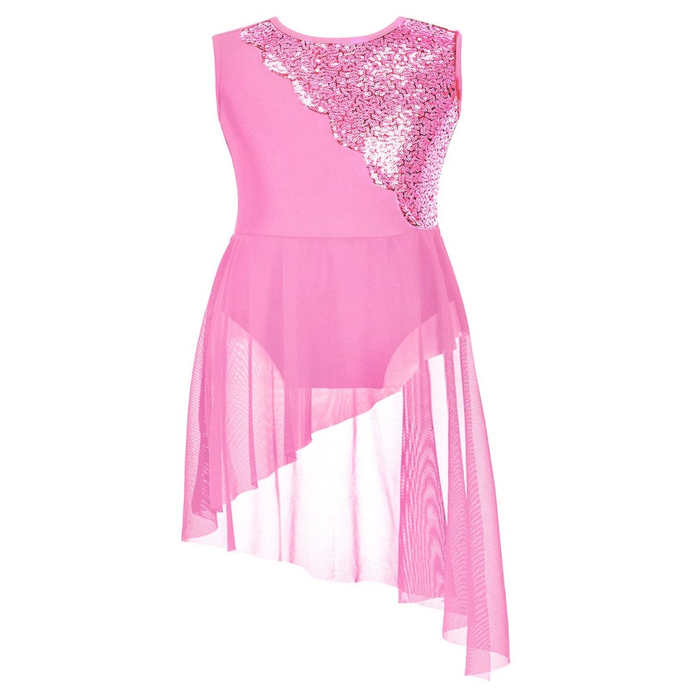 YOOJOO Lyrical Ballet Dance Costumes for Girls Sequins Contemporary Dancewear Asymmetrical Mesh Tulle Leotard Dress Pink 8 Years