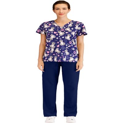Minty Mint Women's Printed Medical Scrub Uniform Set V-Neck Top and Cargo Pants Navy XS