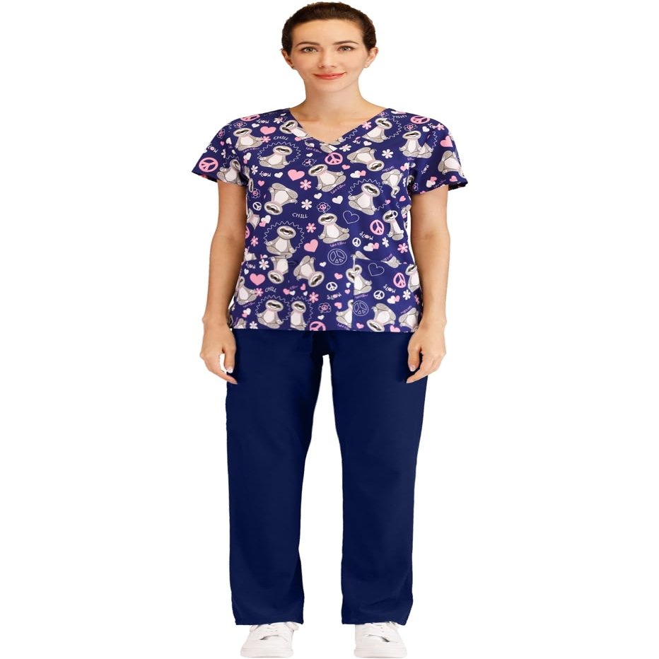 Minty Mint Women's Printed Medical Scrub Uniform Set V-Neck Top and Cargo Pants Navy XS